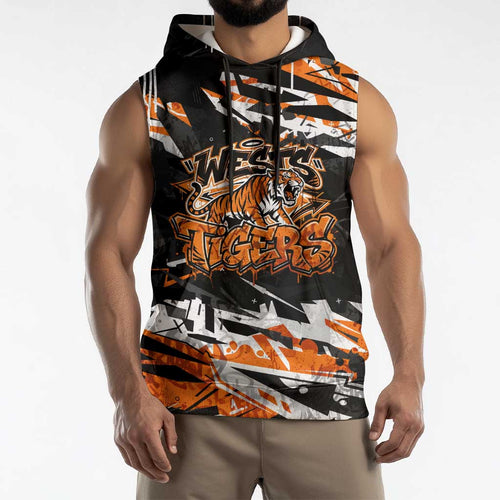 Personalized Wests Tigers Sleeveless Hoodie Graffiti Grunge Abstract Urban Street Style Design