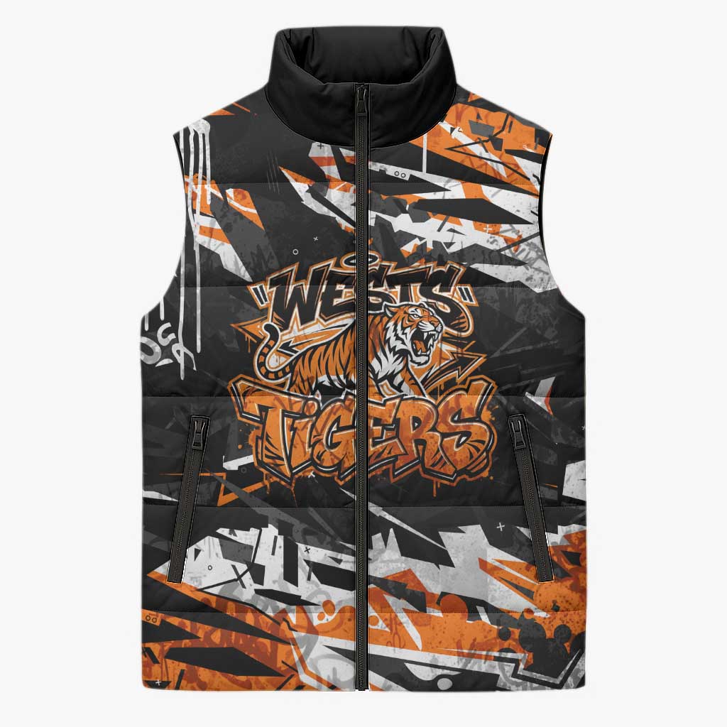 Personalized Wests Tigers Sleeveless Puffer Jacket Graffiti Grunge Abstract Urban Street Style Design