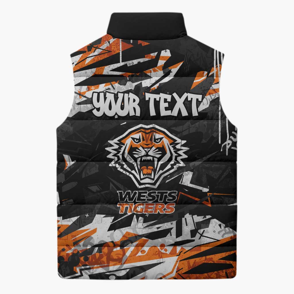 Personalized Wests Tigers Sleeveless Puffer Jacket Graffiti Grunge Abstract Urban Street Style Design