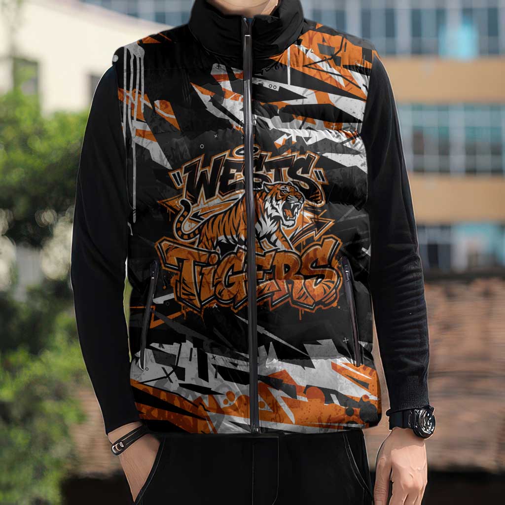 Personalized Wests Tigers Sleeveless Puffer Jacket Graffiti Grunge Abstract Urban Street Style Design