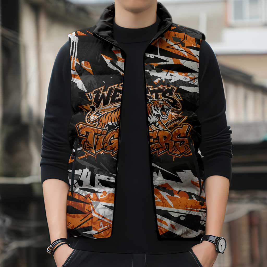 Personalized Wests Tigers Sleeveless Puffer Jacket Graffiti Grunge Abstract Urban Street Style Design