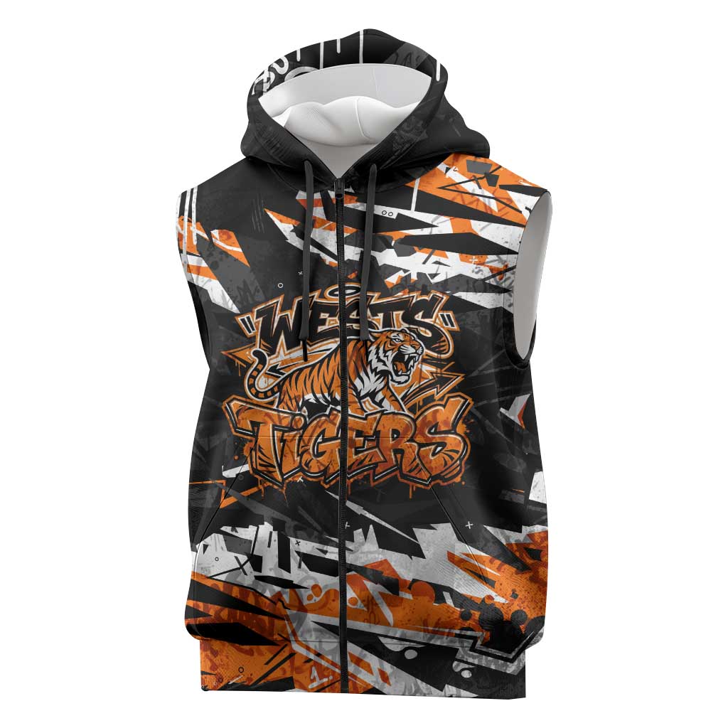 Personalized Wests Tigers Sleeveless Zip Hoodie Graffiti Grunge Abstract Urban Street Style Design