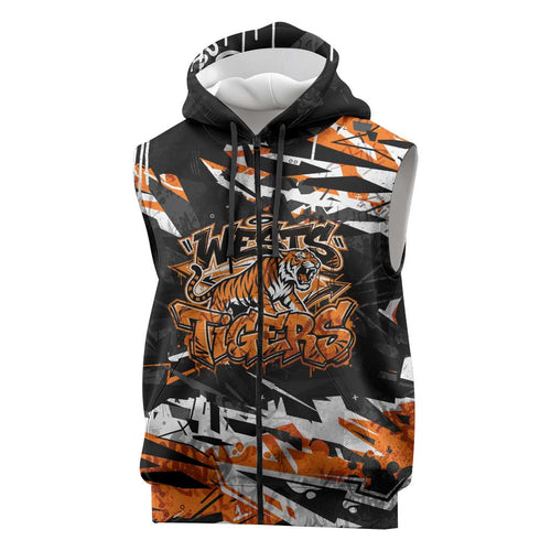Personalized Wests Tigers Sleeveless Zip Hoodie Graffiti Grunge Abstract Urban Street Style Design