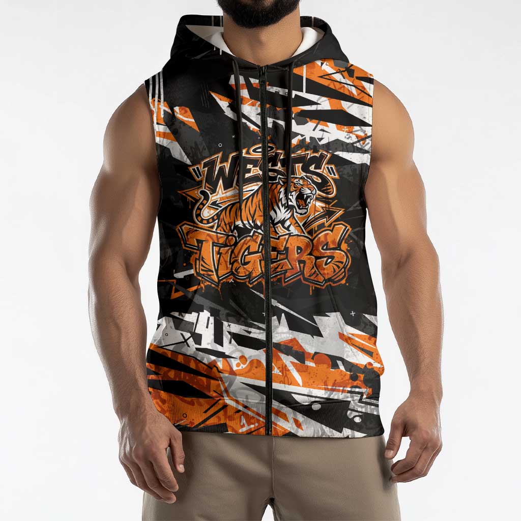 Personalized Wests Tigers Sleeveless Zip Hoodie Graffiti Grunge Abstract Urban Street Style Design