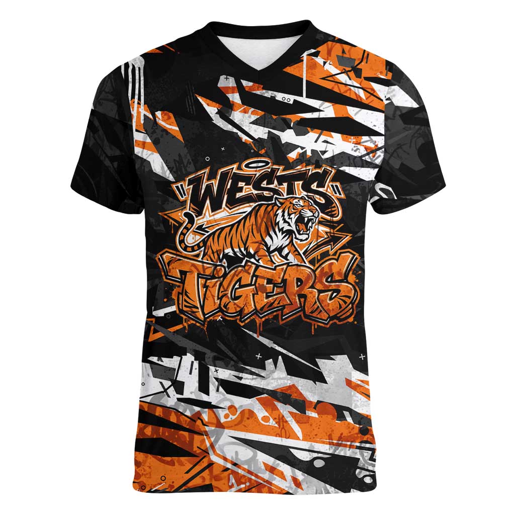 Personalized Wests Tigers Women V-Neck T-Shirt Graffiti Grunge Abstract Urban Street Style Design