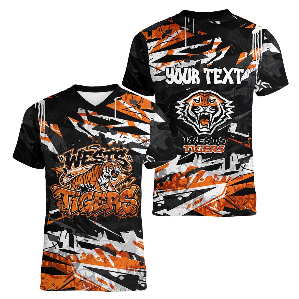 Personalized Wests Tigers Women V-Neck T-Shirt Graffiti Grunge Abstract Urban Street Style Design
