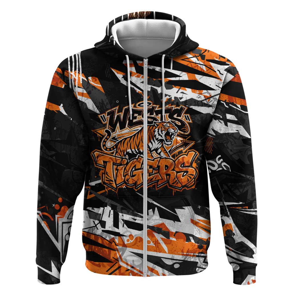 Personalized Wests Tigers Zip Hoodie Graffiti Grunge Abstract Urban Street Style Design
