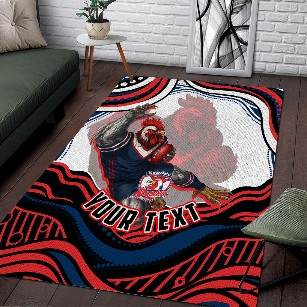 Personalized Sydney Roosters Area Rug Aboriginal Dot Art - Dreamtime Rugby Mascot