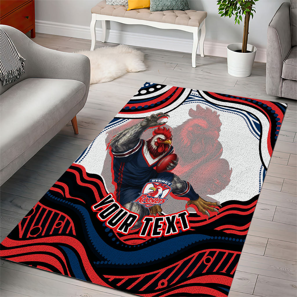 Personalized Sydney Roosters Area Rug Aboriginal Dot Art - Dreamtime Rugby Mascot