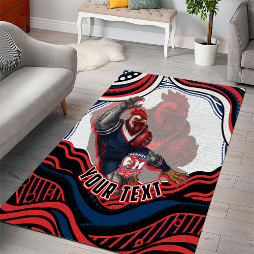 Personalized Sydney Roosters Area Rug Aboriginal Dot Art - Dreamtime Rugby Mascot