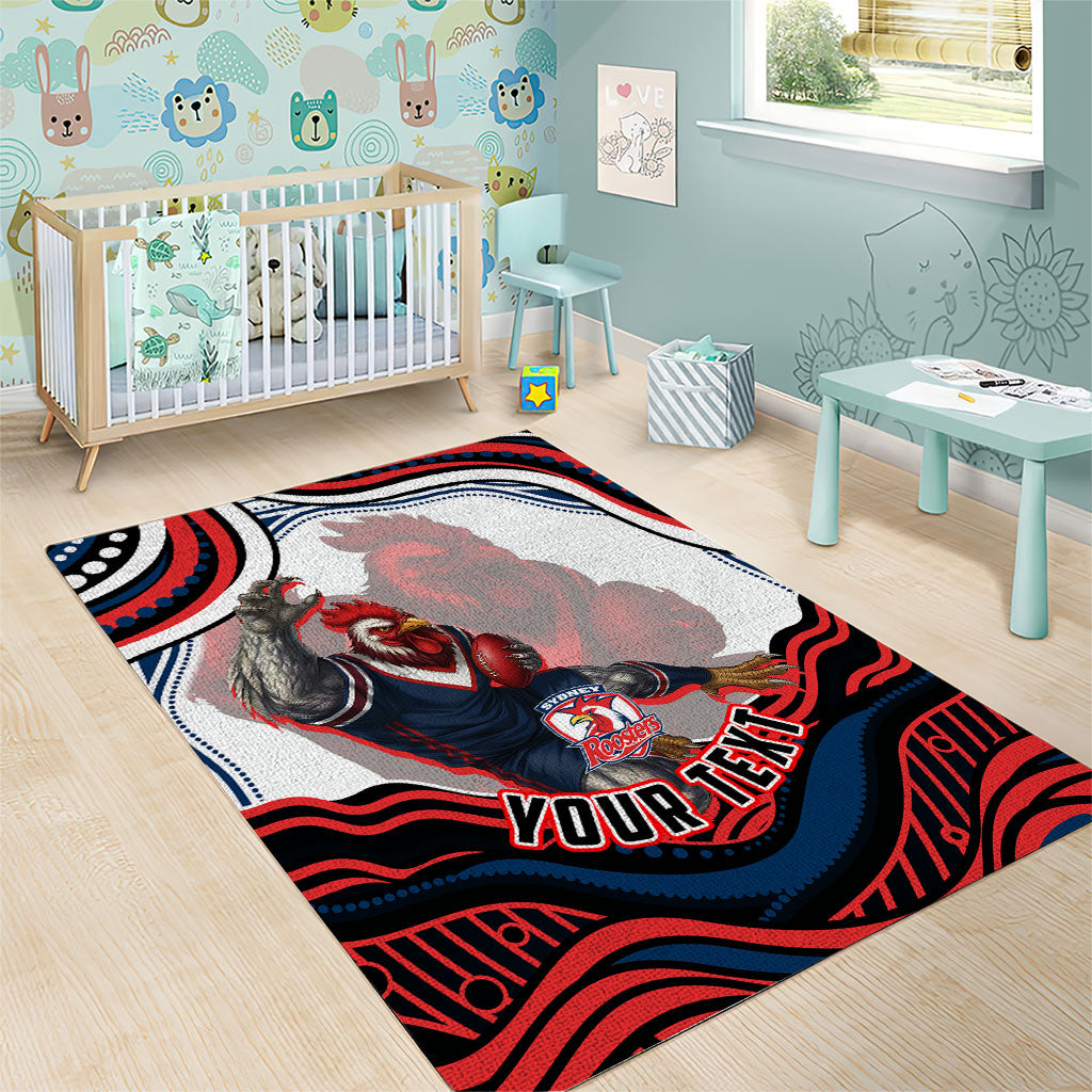 Personalized Sydney Roosters Area Rug Aboriginal Dot Art - Dreamtime Rugby Mascot