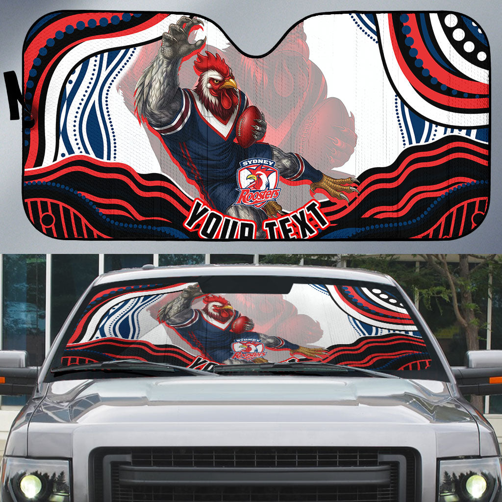 Personalized Sydney Roosters Auto Sun Shade Aboriginal Dot Art - Dreamtime Rugby Mascot