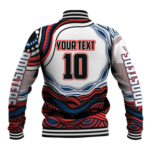 Personalized Sydney Roosters Baseball Jacket Aboriginal Dot Art - Dreamtime Rugby Mascot