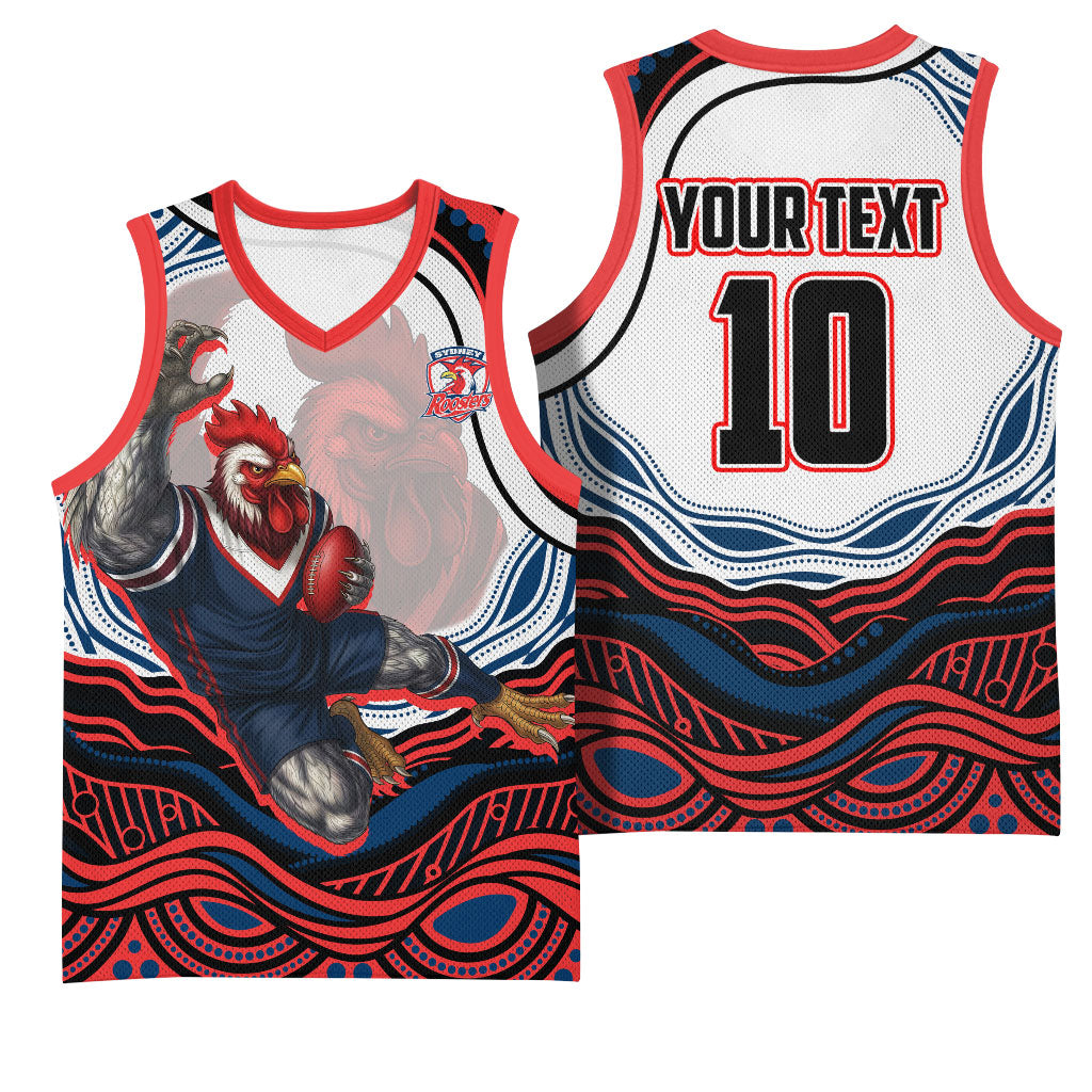 Personalized Sydney Roosters Basketball Jersey Aboriginal Dot Art - Dreamtime Rugby Mascot
