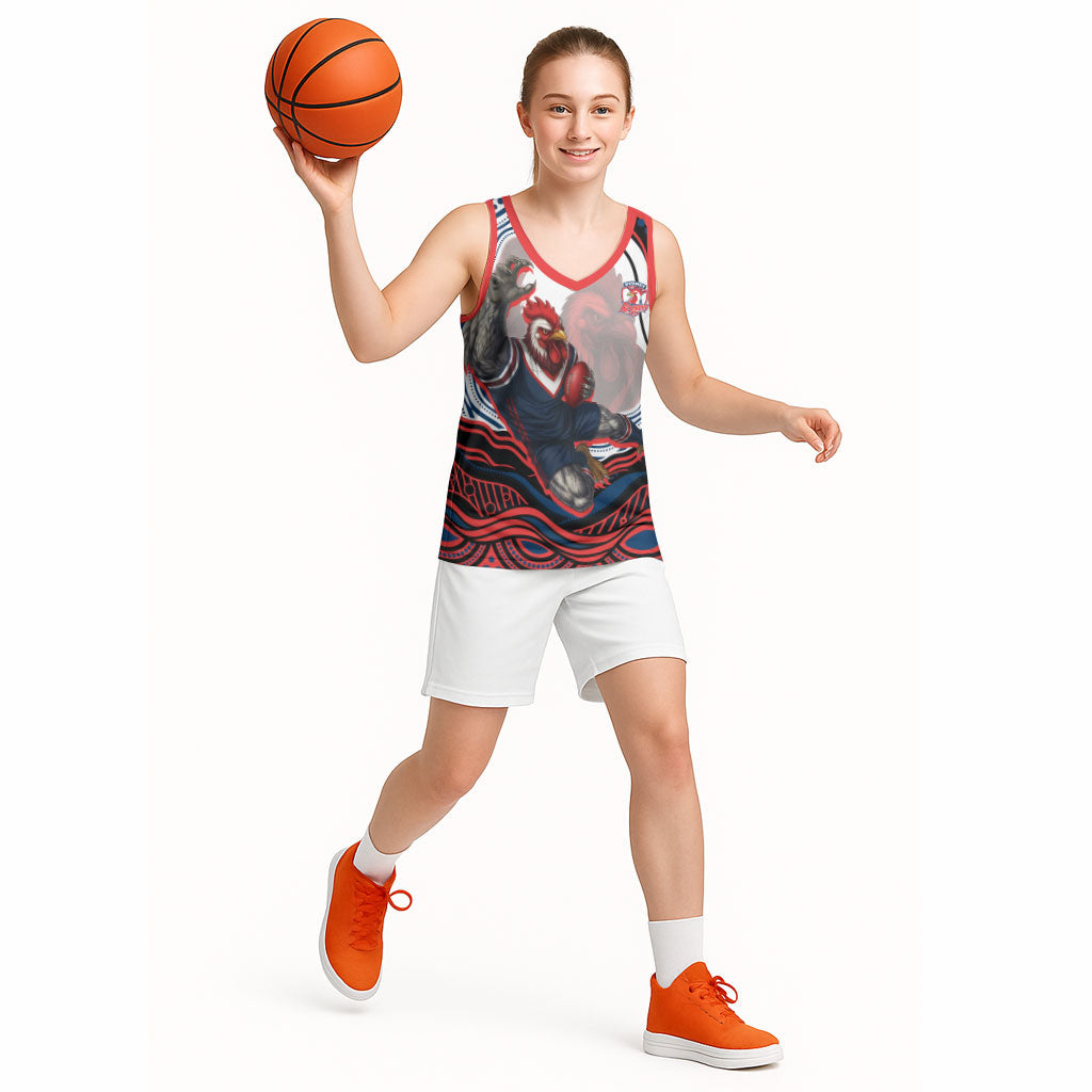 Personalized Sydney Roosters Basketball Jersey Aboriginal Dot Art - Dreamtime Rugby Mascot