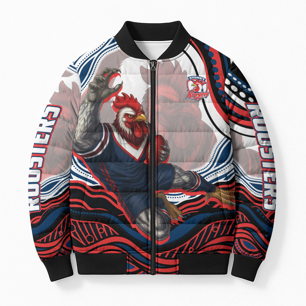 Personalized Sydney Roosters Bomber Puffer Jacket Aboriginal Dot Art - Dreamtime Rugby Mascot