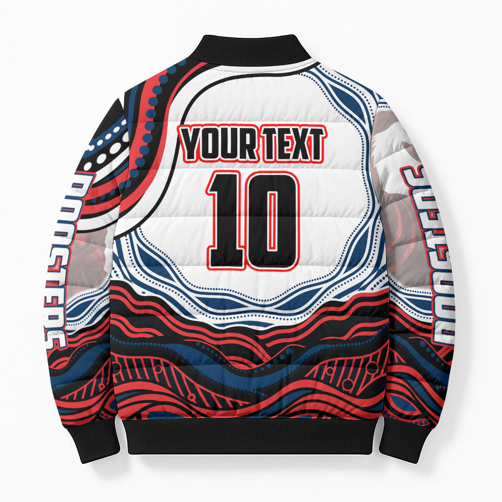 Personalized Sydney Roosters Bomber Puffer Jacket Aboriginal Dot Art - Dreamtime Rugby Mascot