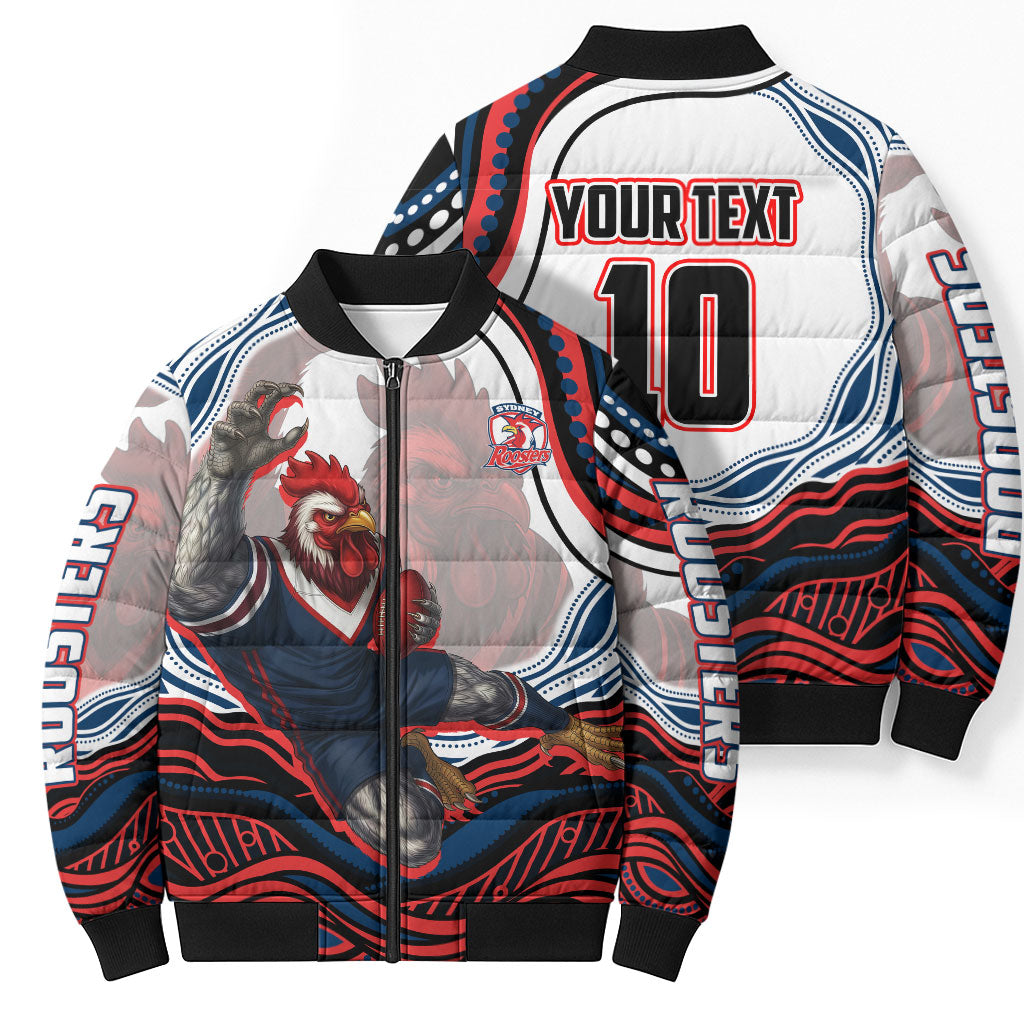 Personalized Sydney Roosters Bomber Puffer Jacket Aboriginal Dot Art - Dreamtime Rugby Mascot