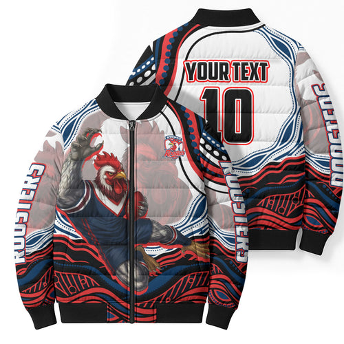 Personalized Sydney Roosters Bomber Puffer Jacket Aboriginal Dot Art - Dreamtime Rugby Mascot