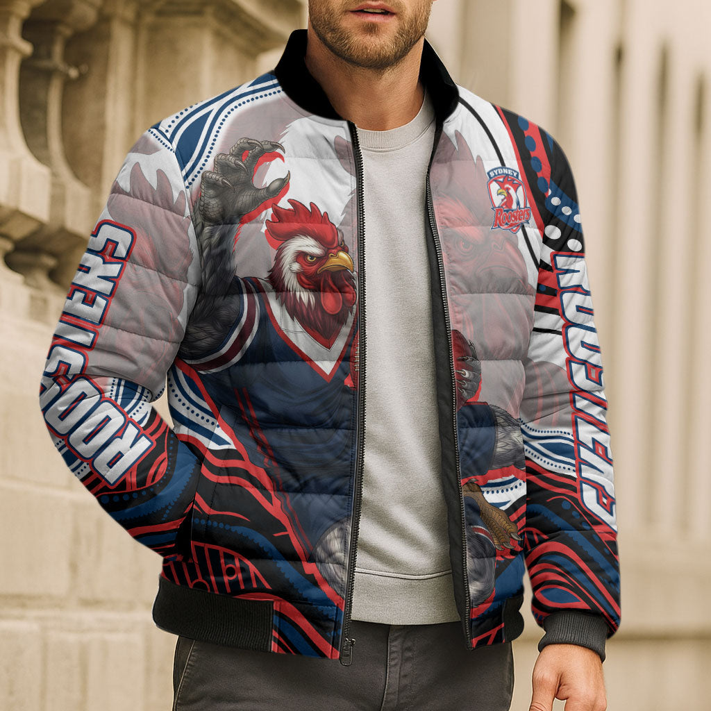Personalized Sydney Roosters Bomber Puffer Jacket Aboriginal Dot Art - Dreamtime Rugby Mascot
