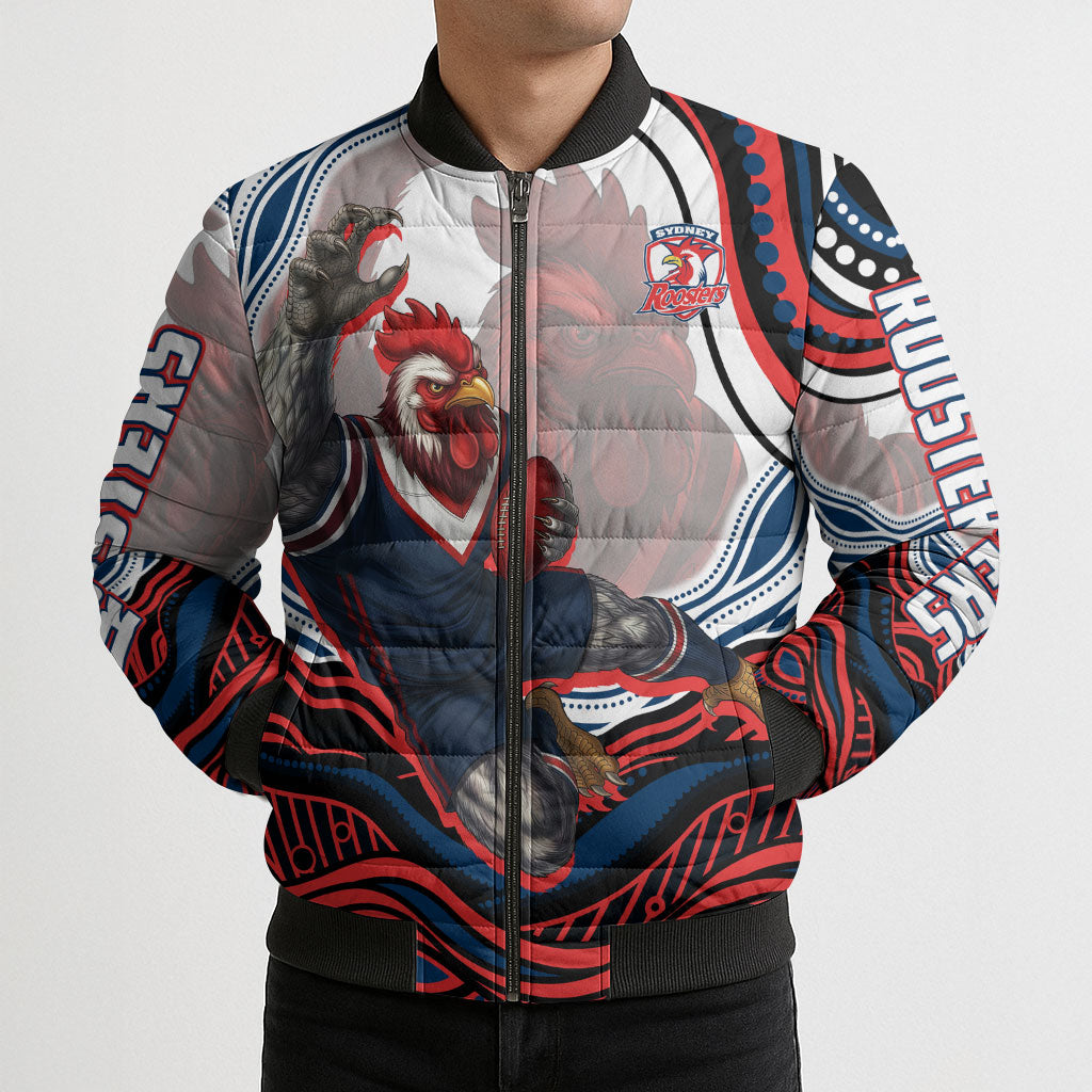 Personalized Sydney Roosters Bomber Puffer Jacket Aboriginal Dot Art - Dreamtime Rugby Mascot