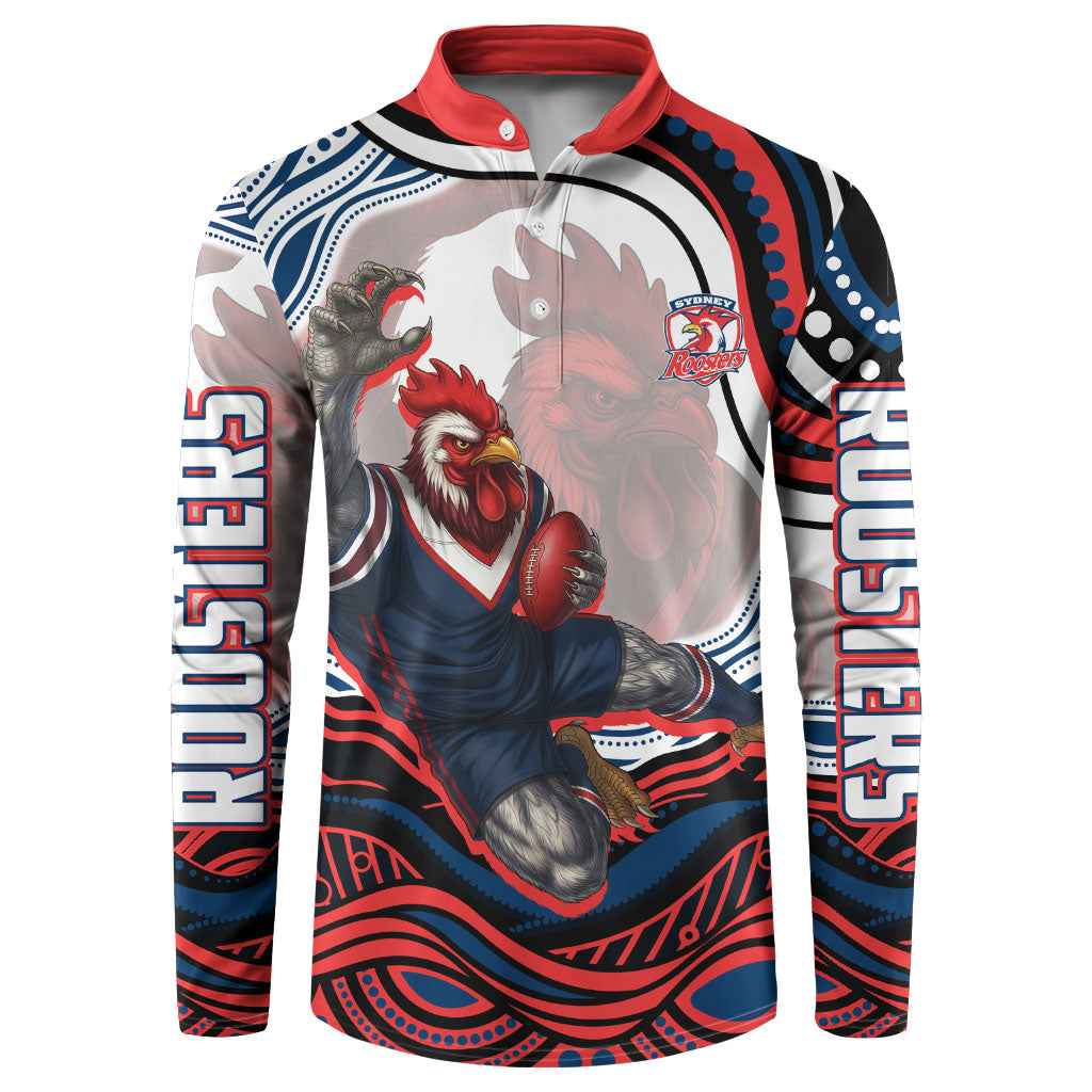 Personalized Sydney Roosters Button Sweatshirt Aboriginal Dot Art - Dreamtime Rugby Mascot