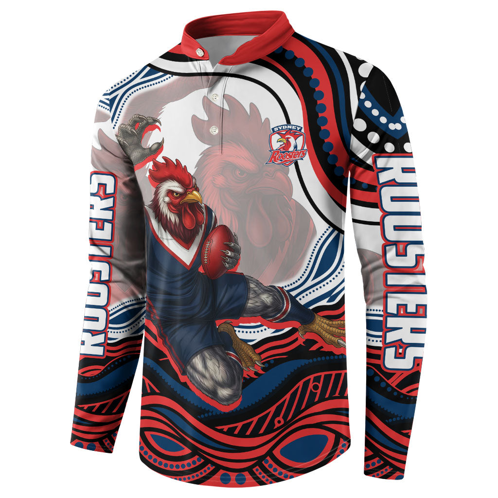 Personalized Sydney Roosters Button Sweatshirt Aboriginal Dot Art - Dreamtime Rugby Mascot