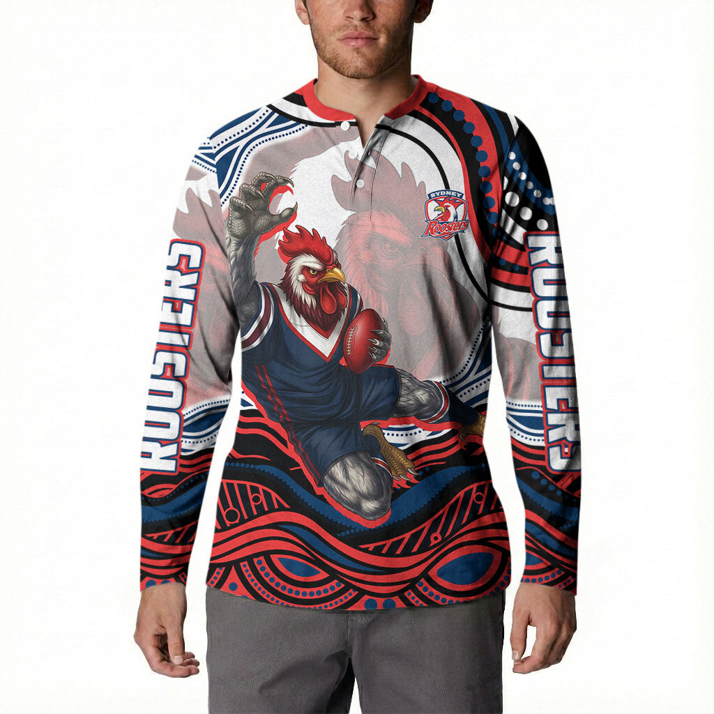 Personalized Sydney Roosters Button Sweatshirt Aboriginal Dot Art - Dreamtime Rugby Mascot