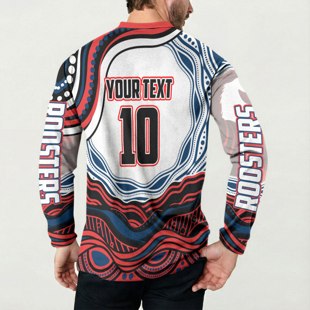 Personalized Sydney Roosters Button Sweatshirt Aboriginal Dot Art - Dreamtime Rugby Mascot