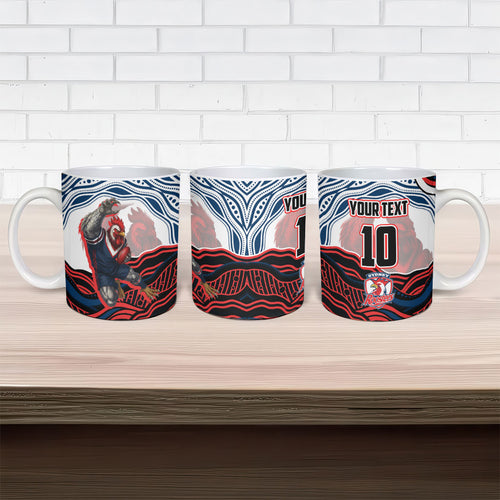 Personalized Sydney Roosters Ceramic Mug Aboriginal Dot Art - Dreamtime Rugby Mascot
