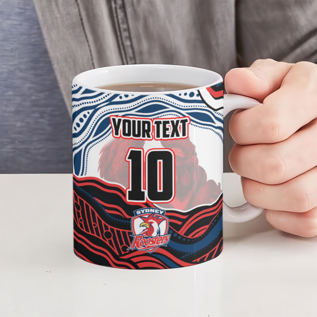 Personalized Sydney Roosters Ceramic Mug Aboriginal Dot Art - Dreamtime Rugby Mascot