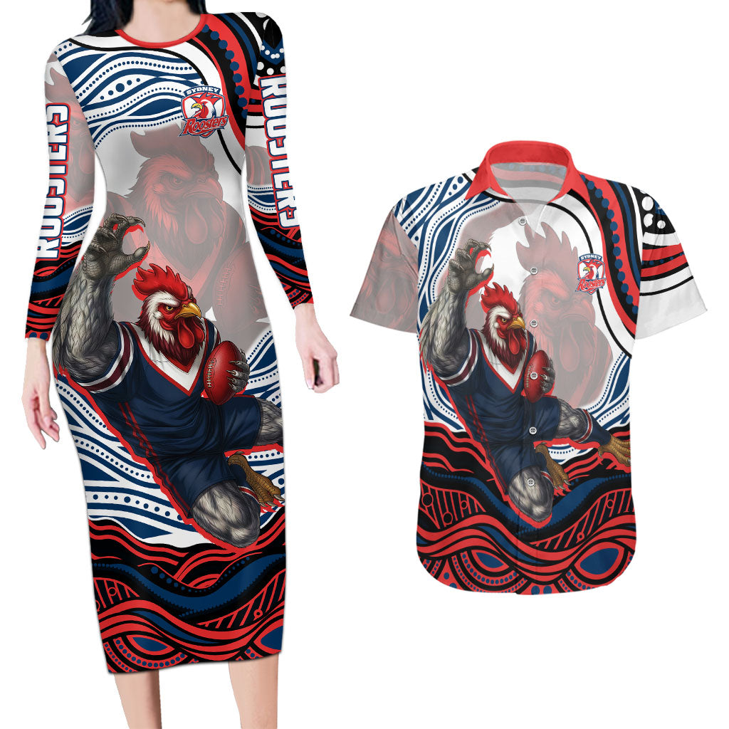 Personalized Sydney Roosters Couples Matching Long Sleeve Bodycon Dress and Hawaiian Shirt Aboriginal Dot Art - Dreamtime Rugby Mascot
