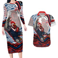 Personalized Sydney Roosters Couples Matching Long Sleeve Bodycon Dress and Hawaiian Shirt Aboriginal Dot Art - Dreamtime Rugby Mascot