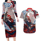 Personalized Sydney Roosters Couples Matching Long Sleeve Bodycon Dress and Hawaiian Shirt Aboriginal Dot Art - Dreamtime Rugby Mascot
