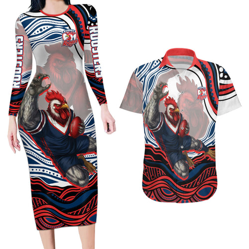 Personalized Sydney Roosters Couples Matching Long Sleeve Bodycon Dress and Hawaiian Shirt Aboriginal Dot Art - Dreamtime Rugby Mascot
