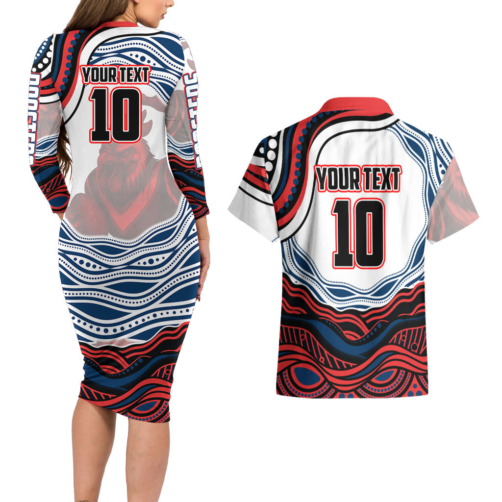 Personalized Sydney Roosters Couples Matching Long Sleeve Bodycon Dress and Hawaiian Shirt Aboriginal Dot Art - Dreamtime Rugby Mascot