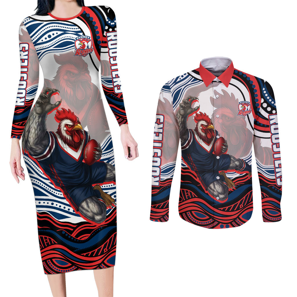 Personalized Sydney Roosters Couples Matching Long Sleeve Bodycon Dress and Long Sleeve Button Shirt Aboriginal Dot Art - Dreamtime Rugby Mascot