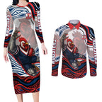 Personalized Sydney Roosters Couples Matching Long Sleeve Bodycon Dress and Long Sleeve Button Shirt Aboriginal Dot Art - Dreamtime Rugby Mascot