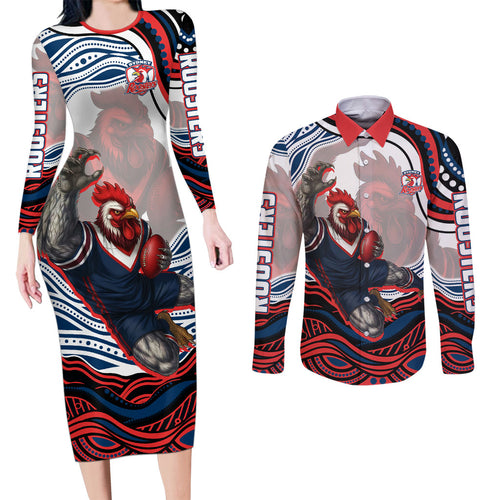 Personalized Sydney Roosters Couples Matching Long Sleeve Bodycon Dress and Long Sleeve Button Shirt Aboriginal Dot Art - Dreamtime Rugby Mascot