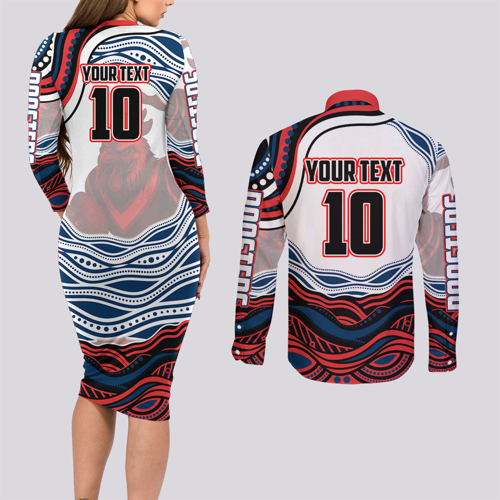 Personalized Sydney Roosters Couples Matching Long Sleeve Bodycon Dress and Long Sleeve Button Shirt Aboriginal Dot Art - Dreamtime Rugby Mascot