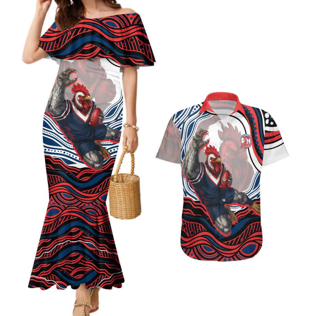 Personalized Sydney Roosters Couples Matching Mermaid Dress and Hawaiian Shirt Aboriginal Dot Art - Dreamtime Rugby Mascot