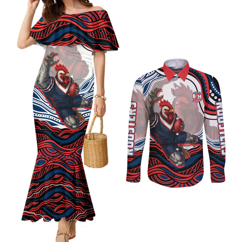 Personalized Sydney Roosters Couples Matching Mermaid Dress and Long Sleeve Button Shirt Aboriginal Dot Art - Dreamtime Rugby Mascot