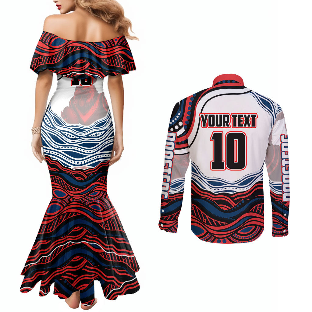 Personalized Sydney Roosters Couples Matching Mermaid Dress and Long Sleeve Button Shirt Aboriginal Dot Art - Dreamtime Rugby Mascot