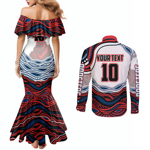 Personalized Sydney Roosters Couples Matching Mermaid Dress and Long Sleeve Button Shirt Aboriginal Dot Art - Dreamtime Rugby Mascot