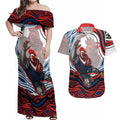 Personalized Sydney Roosters Couples Matching Off Shoulder Maxi Dress and Hawaiian Shirt Aboriginal Dot Art - Dreamtime Rugby Mascot