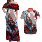 Personalized Sydney Roosters Couples Matching Off Shoulder Maxi Dress and Hawaiian Shirt Aboriginal Dot Art - Dreamtime Rugby Mascot