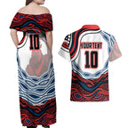 Personalized Sydney Roosters Couples Matching Off Shoulder Maxi Dress and Hawaiian Shirt Aboriginal Dot Art - Dreamtime Rugby Mascot
