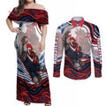 Personalized Sydney Roosters Couples Matching Off Shoulder Maxi Dress and Long Sleeve Button Shirt Aboriginal Dot Art - Dreamtime Rugby Mascot