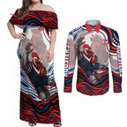 Personalized Sydney Roosters Couples Matching Off Shoulder Maxi Dress and Long Sleeve Button Shirt Aboriginal Dot Art - Dreamtime Rugby Mascot