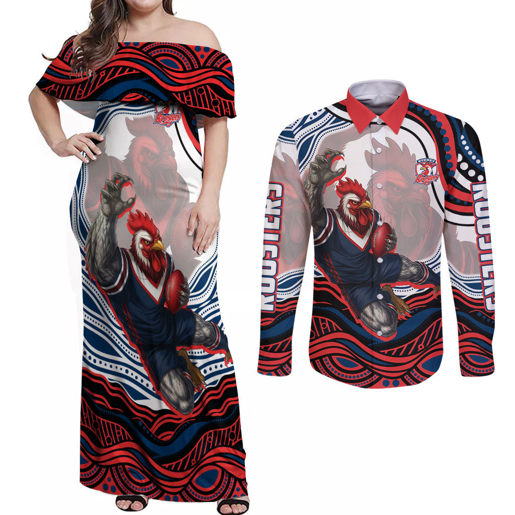 Personalized Sydney Roosters Couples Matching Off Shoulder Maxi Dress and Long Sleeve Button Shirt Aboriginal Dot Art - Dreamtime Rugby Mascot